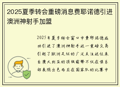 2025夏季转会重磅消息费耶诺德引进澳洲神射手加盟 2025夏季转会重磅消息费耶诺德引进澳洲神射手加盟