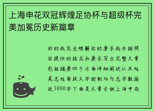 上海申花双冠辉煌足协杯与超级杯完美加冕历史新篇章