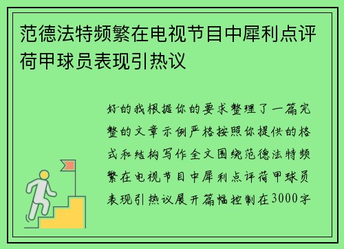 范德法特频繁在电视节目中犀利点评荷甲球员表现引热议