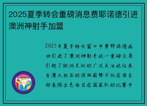 2025夏季转会重磅消息费耶诺德引进澳洲神射手加盟